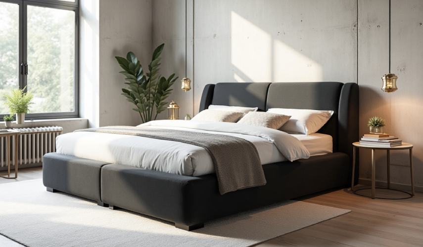 Adonis King Size Bed in fibre gold and PU black finish