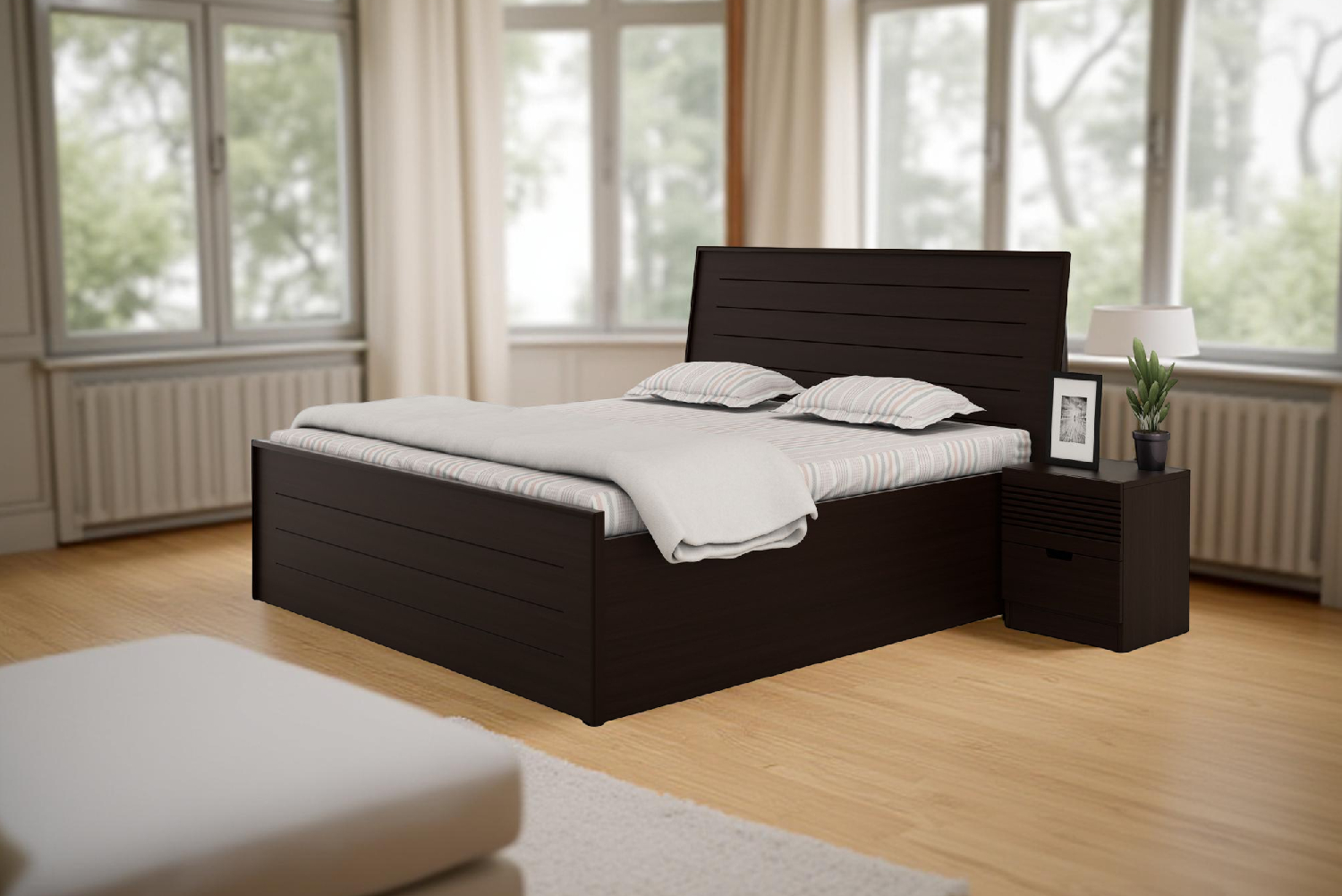 Modular bed setup in compact hostel room