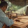 Technician inspecting Raw Material Quality during the rigorous Wood Selection Process before applying Anti-Warping Treatments